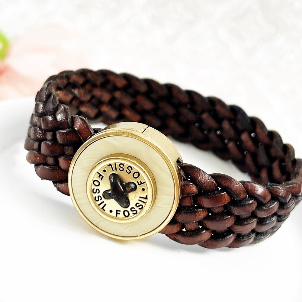 Fossil Braided Leather Magnetic Clasp Cuff Bracelet
